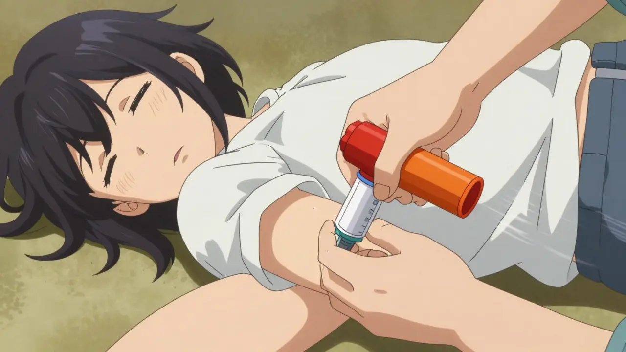 Anime hand injecting epinephrine auto-injector into thigh