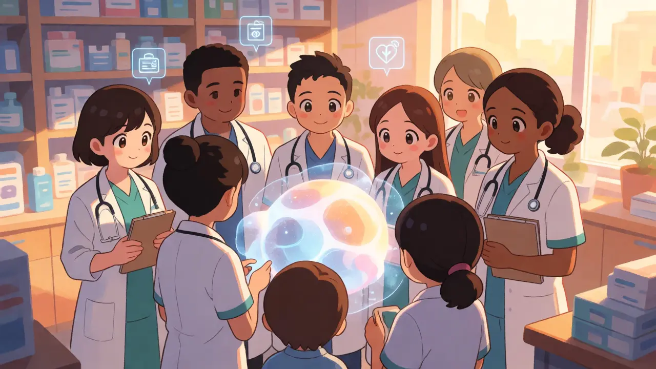 Anime healthcare team collaborating with AI data visualization in pharmacy.