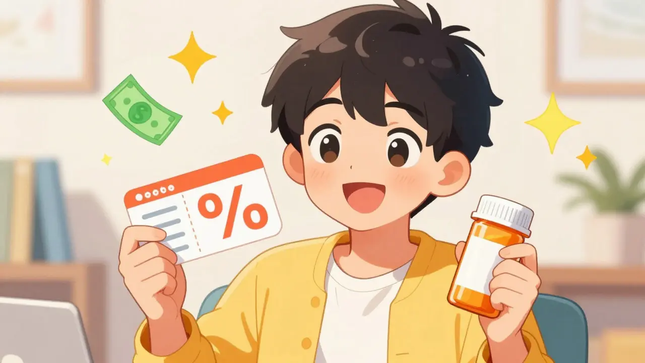 Cheerful anime boy celebrating savings with a discount card