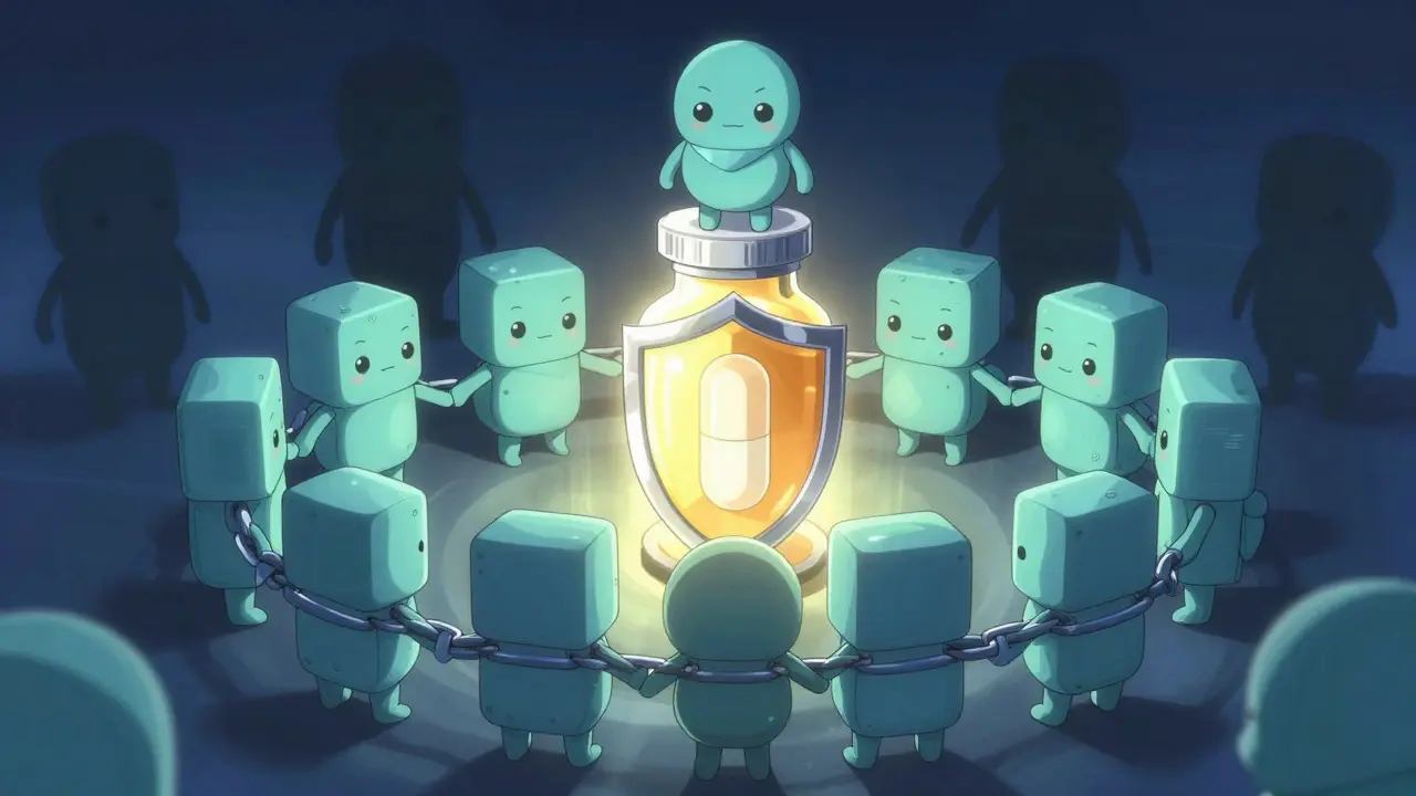 Chibi blockchain characters protecting a glowing medicine bottle