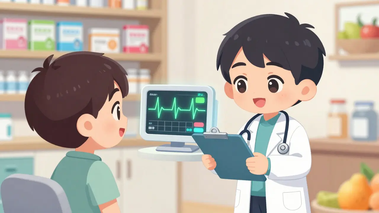 Chibi doctor and patient discussing health with a happy, healthy ECG display.