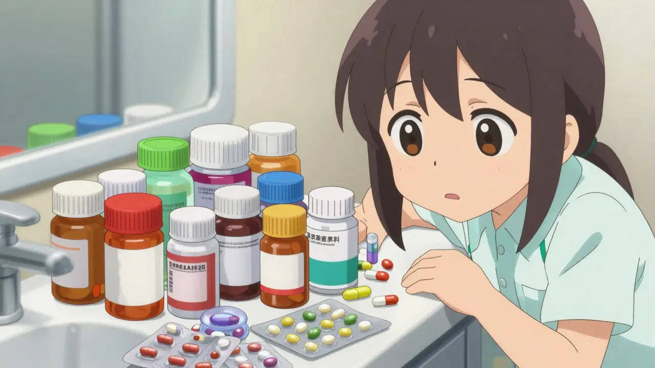 Cluttered counter with many pill bottles and worried caregiver