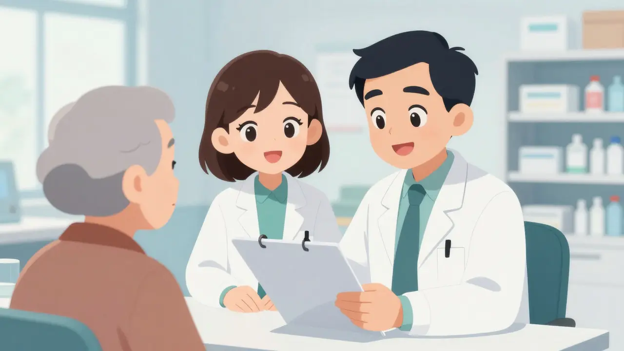 Doctor and pharmacist consulting with elderly patient in clinic