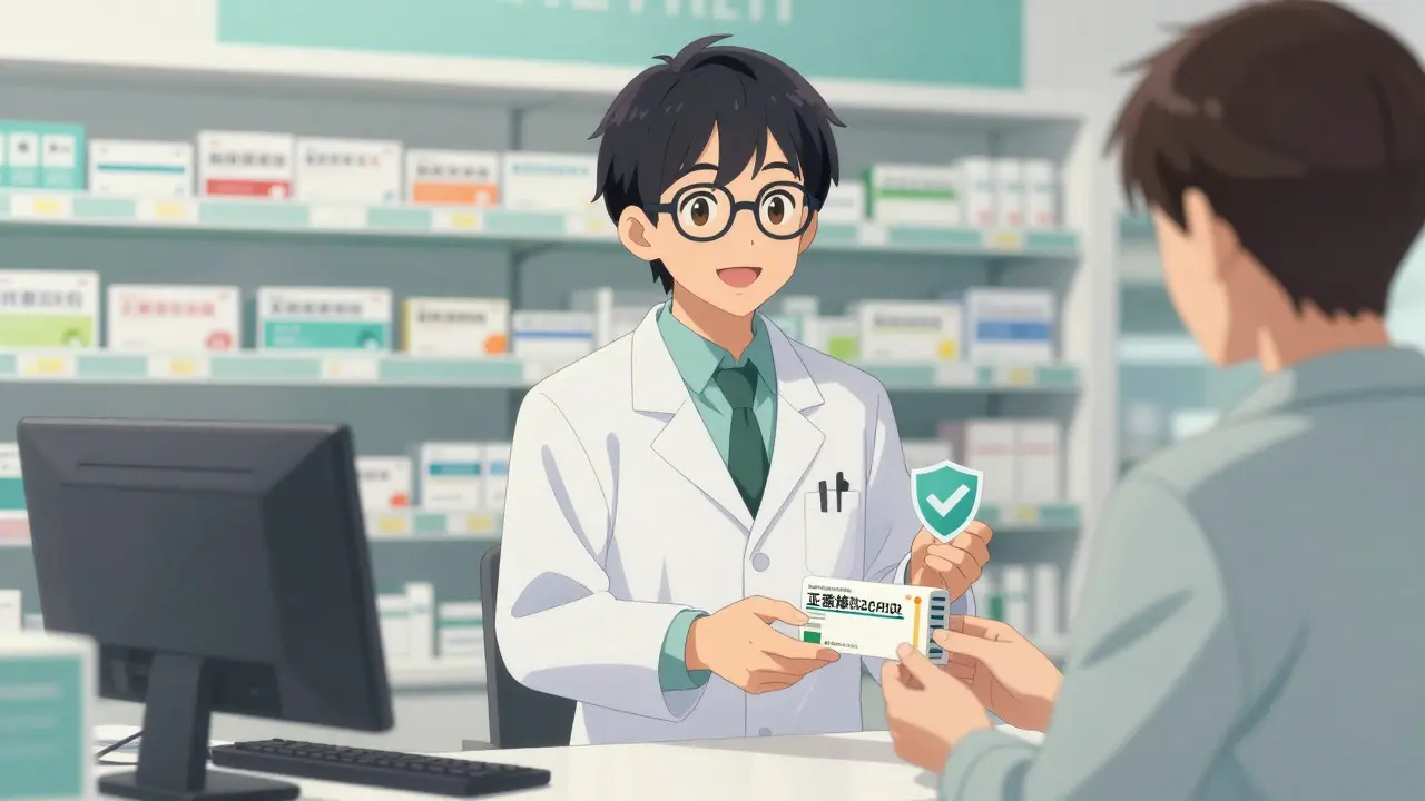 Friendly anime pharmacist handing over verified medication with a safety icon