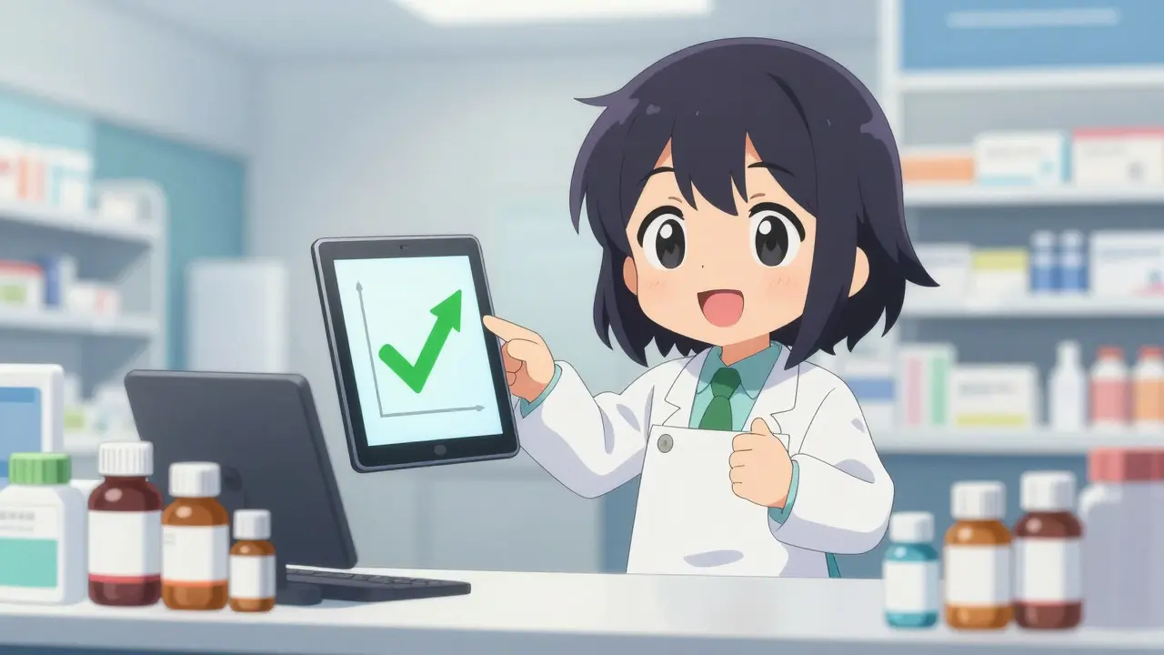 Friendly anime pharmacist showing safe prices on a tablet in a bright clinic