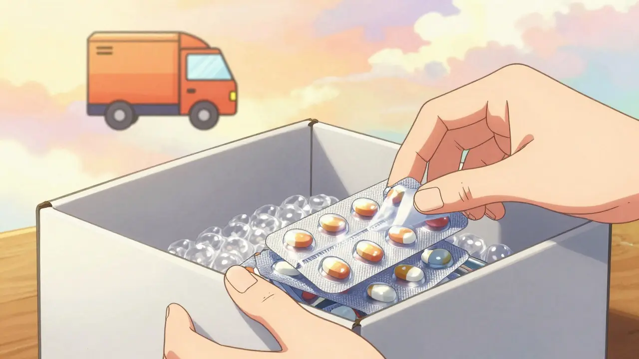 Hands packing pills into an insulated box with a whimsical delivery truck icon