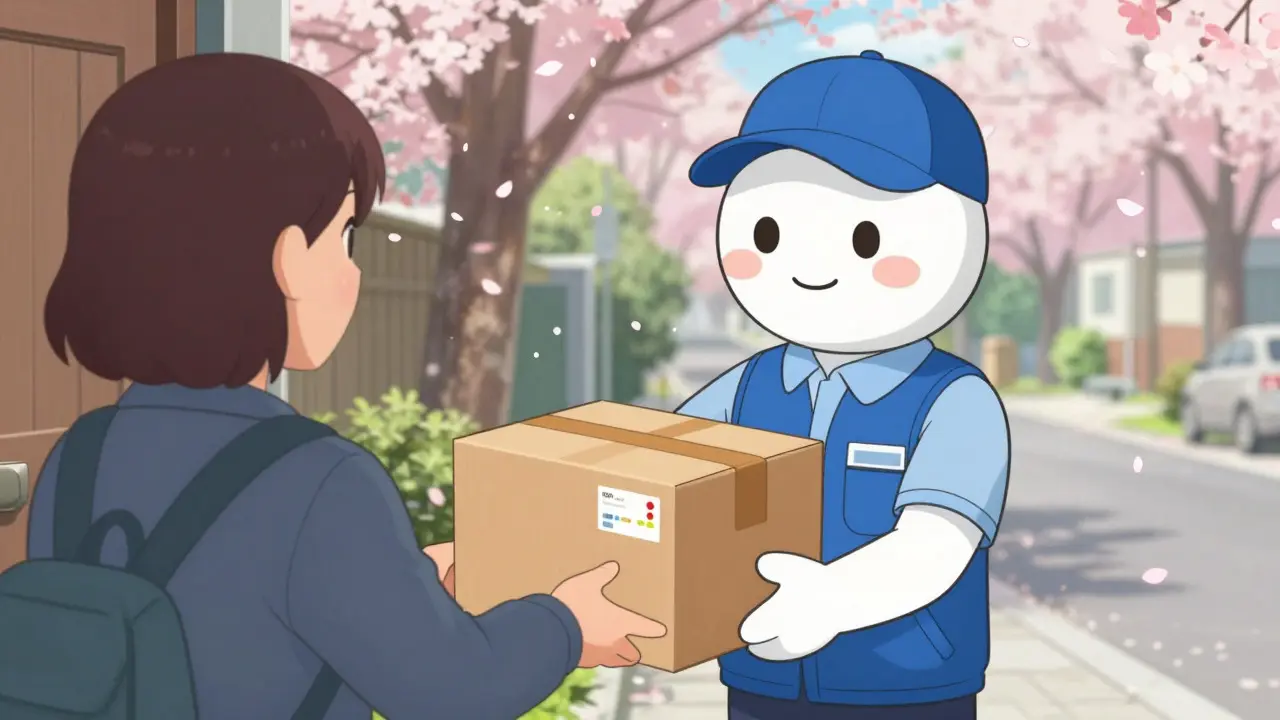 Happy anime character receiving a secure medicine package at home