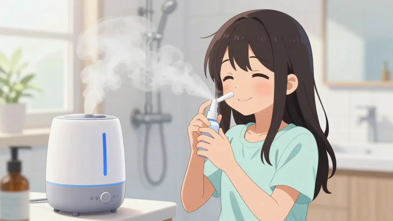 Happy anime girl using saline spray and humidifier for relief