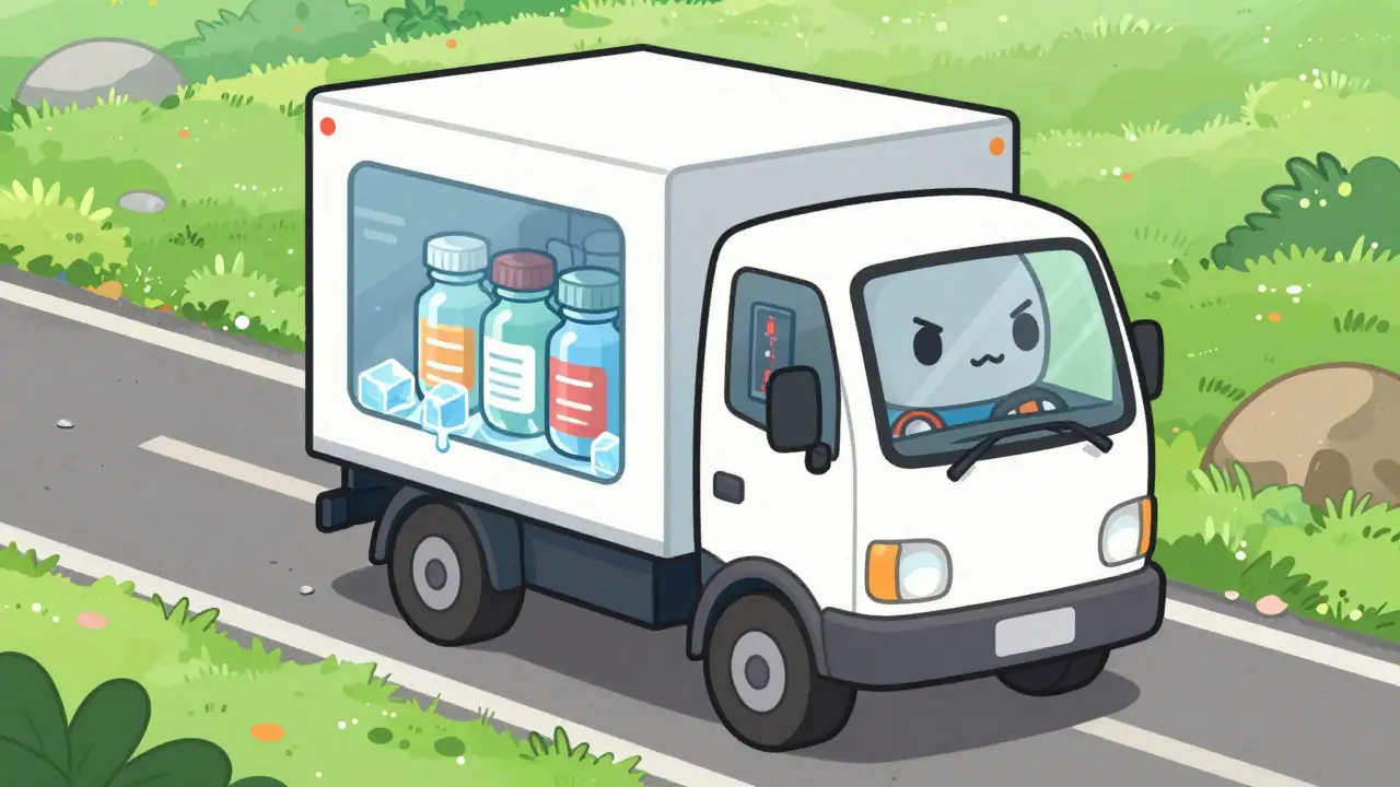 Kawaii robot truck delivering meds on rural road with temp alert