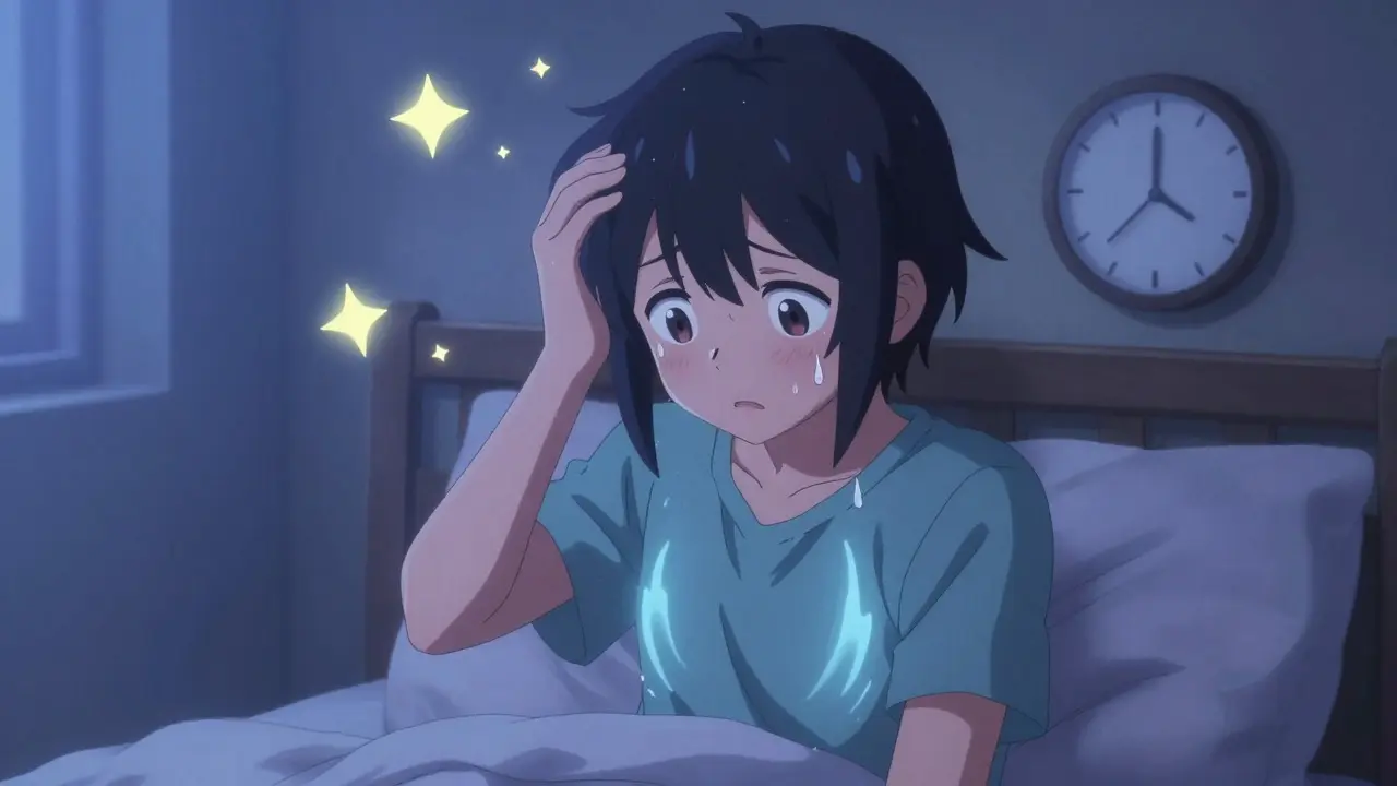 Moe style boy feeling dizzy with floating symbols representing arrhythmia symptoms.