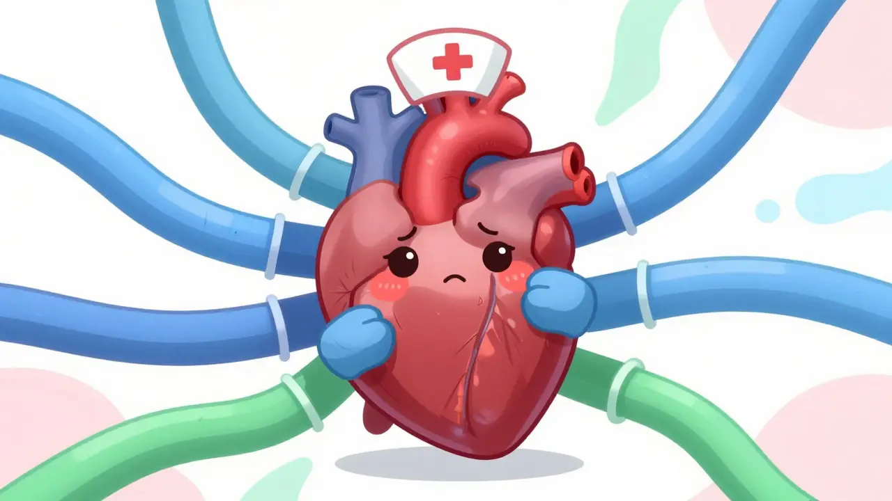 Moe style heart character struggling with narrowed blood vessels