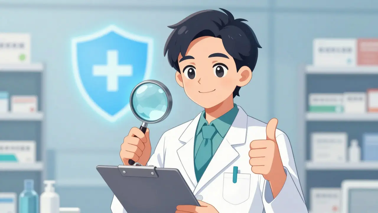 Moe style pharmacist giving a thumbs up while checking documents