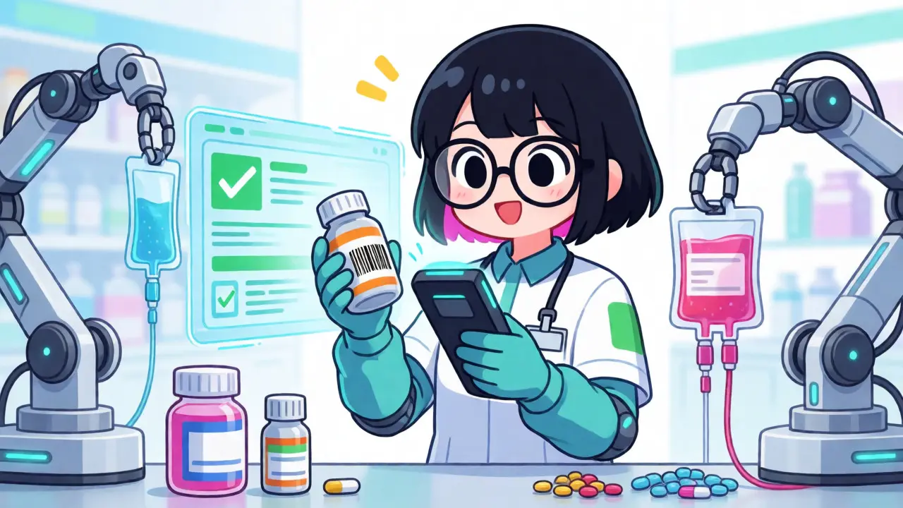 Moe style technician scanning barcodes with holographic tech in a pharmacy.