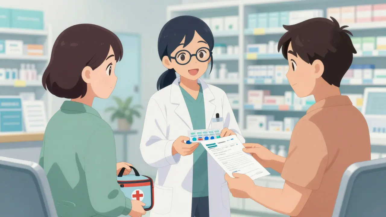 Pharmacist handing medication plan to happy patient