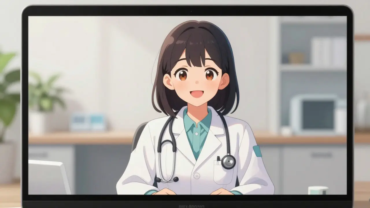 Smiling anime doctor conducting a friendly telehealth consultation