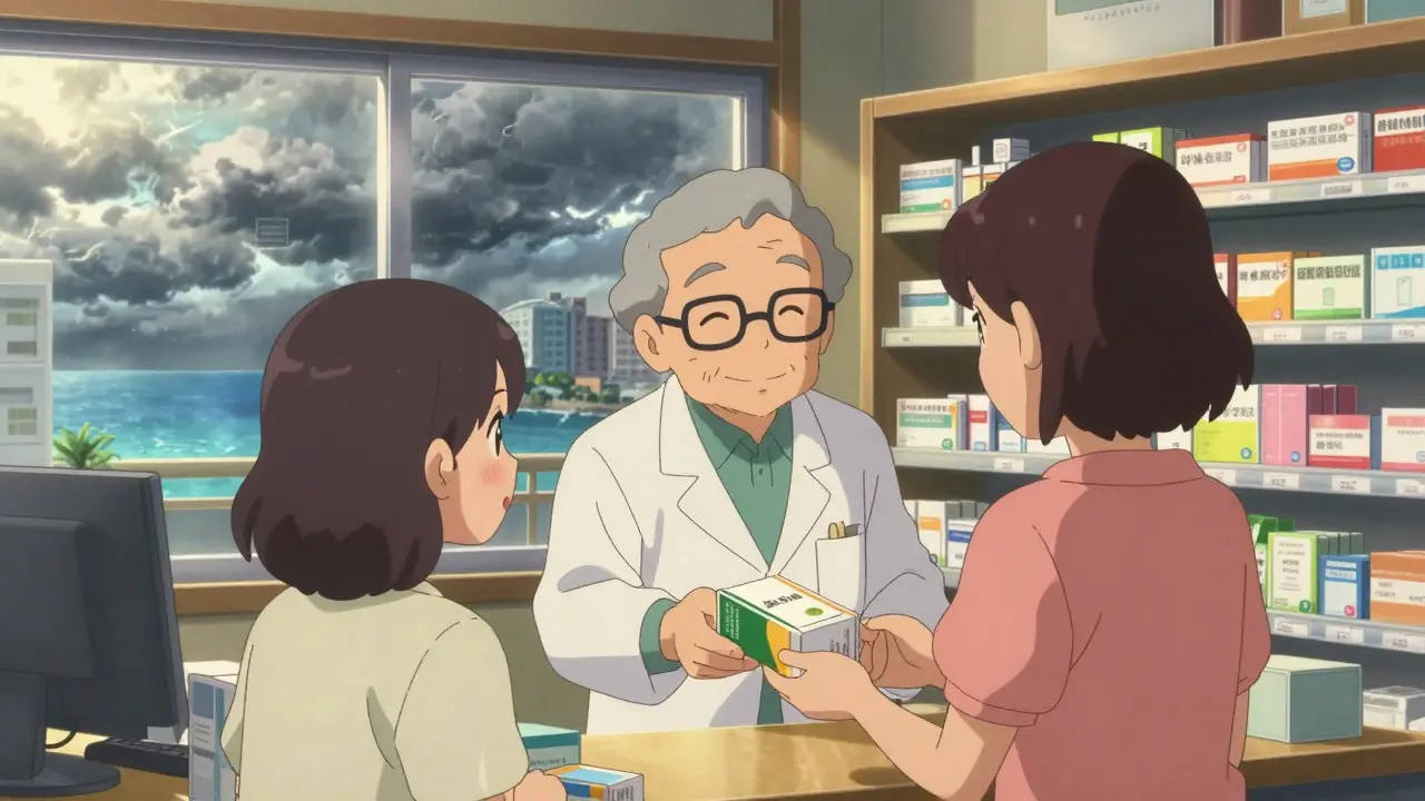 Smiling pharmacist handing medicine to a patient while a storm rages outside