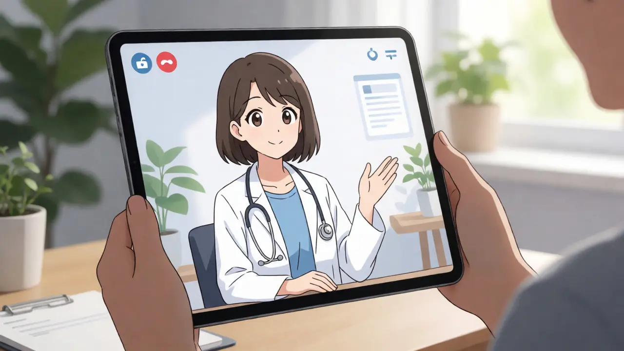 Anime doctor on a tablet screen during a telehealth consultation with a patient.