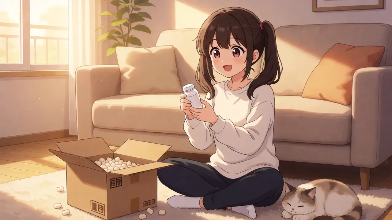 Cheerful anime girl unboxing affordable generic antibiotics at home
