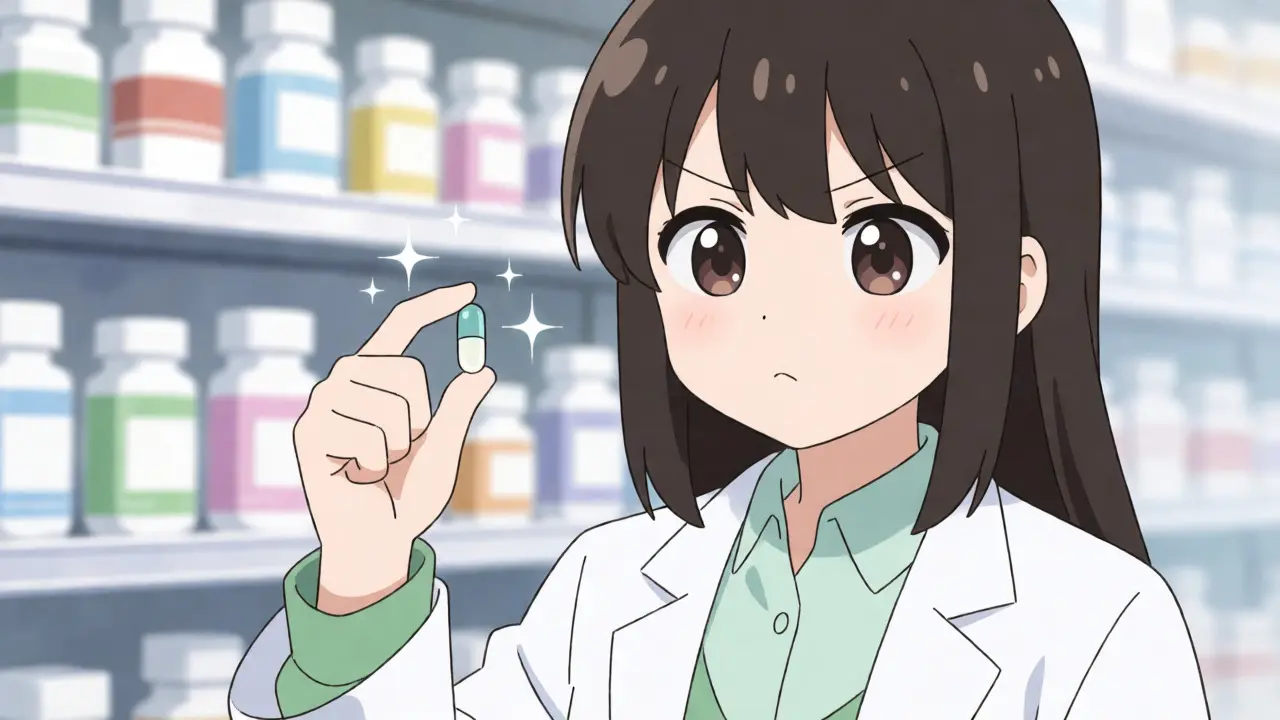 Cute anime pharmacist carefully inspecting a generic amoxicillin capsule