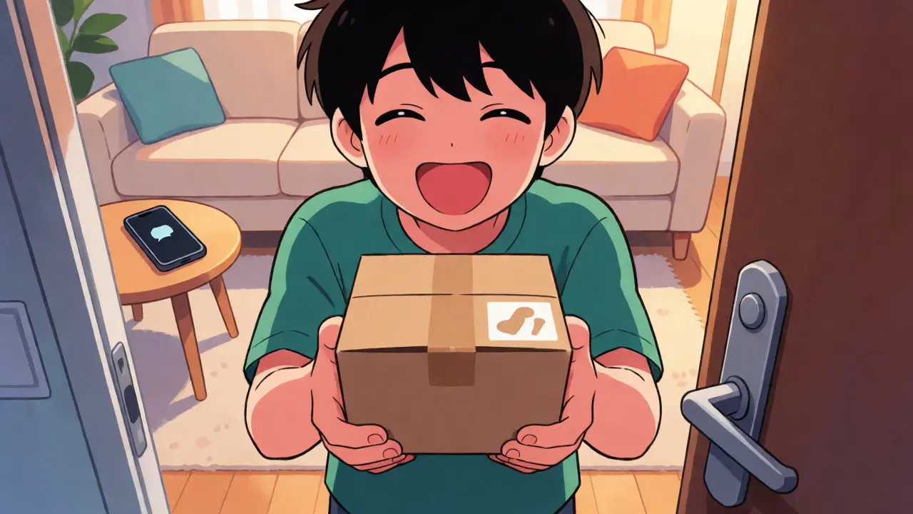Happy anime character receiving a medication delivery package at their doorstep.